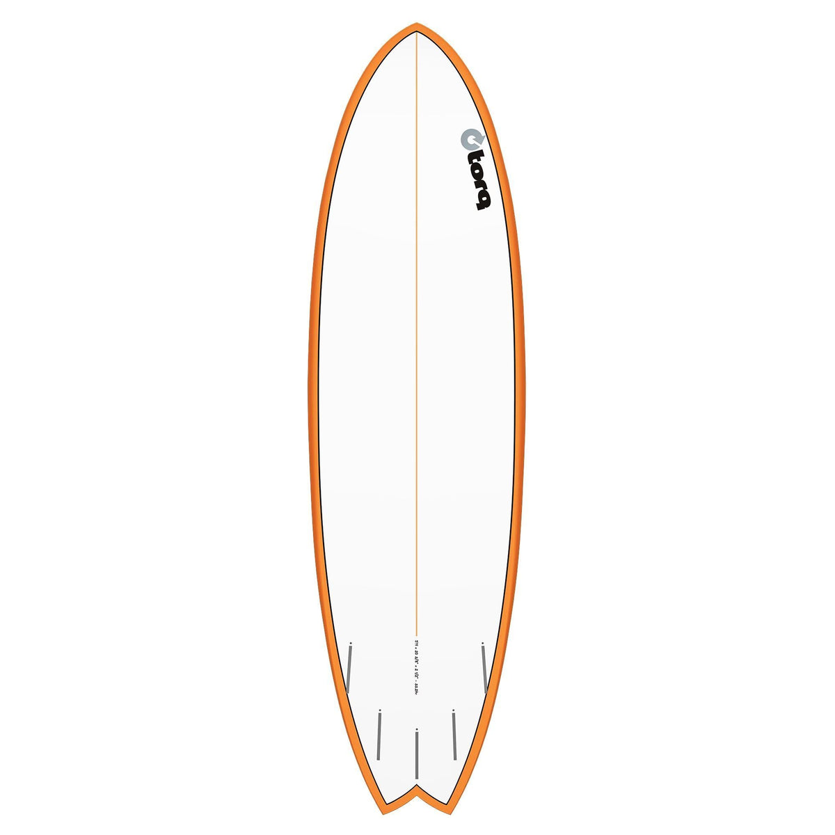 Torq TET MOD Fish Surfboard mit orange Rail und weißem Deck, Draufsicht auf den klassischen Fish-Shape mit breiter Nose und gesplitteter Tail