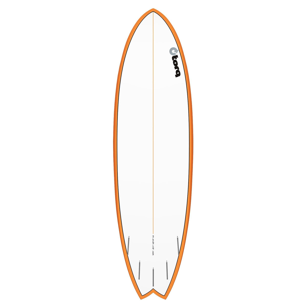 Torq TET MOD Fish Surfboard mit orangem Rail und weißem Deck, Draufsicht