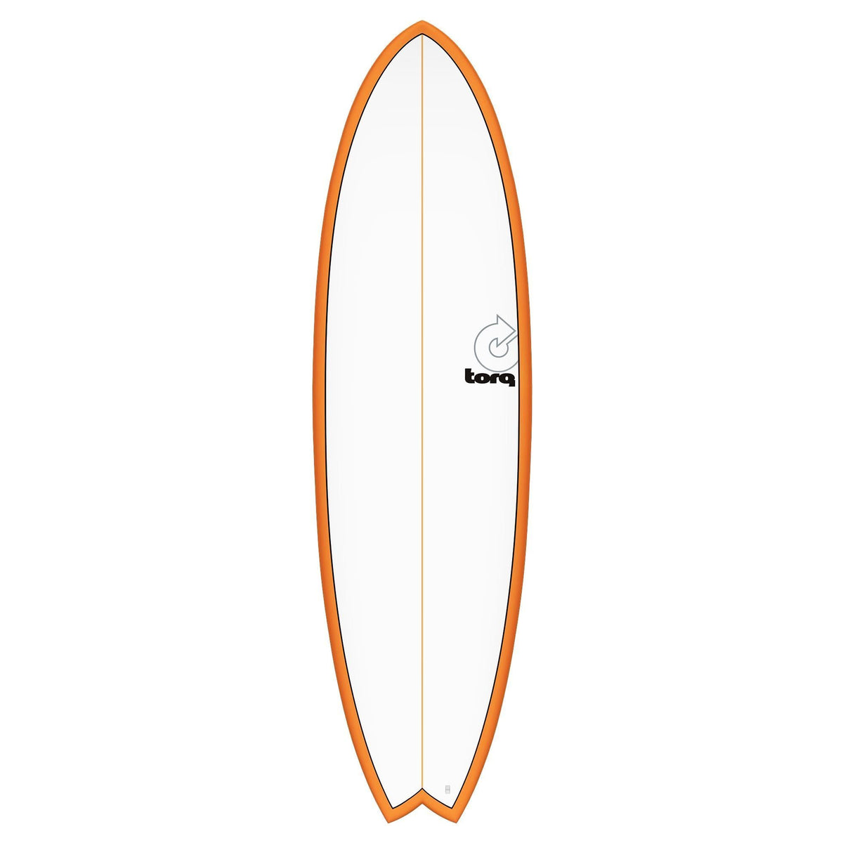 Torq TET MOD Fish Surfboard mit orangem Rail und Cream Deck, Draufsicht