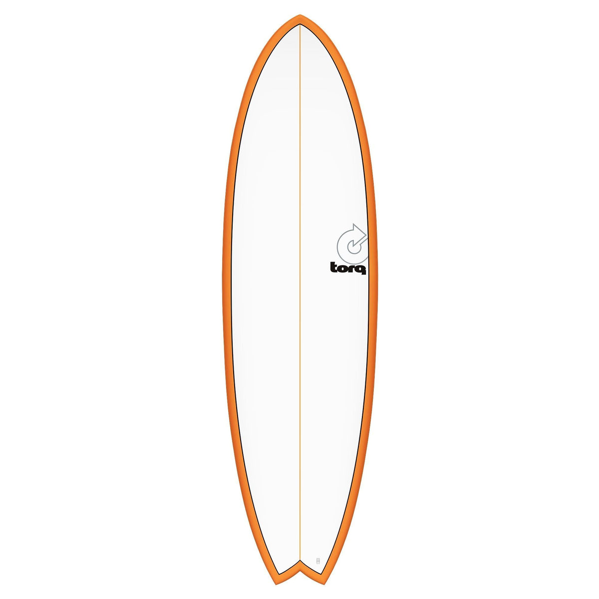 Torq TET MOD Fish Surfboard mit orangem Rail und weißem Deck, Draufsicht