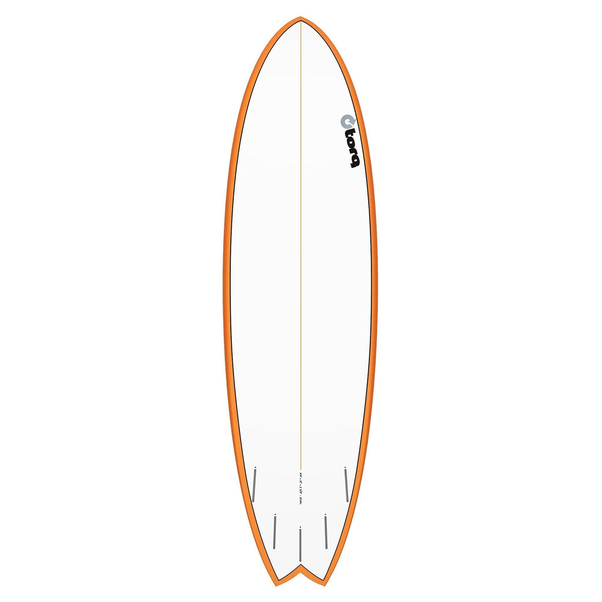 Torq TET MOD Fish Surfboard mit orangenem Rail und weißem Deck, Draufsicht