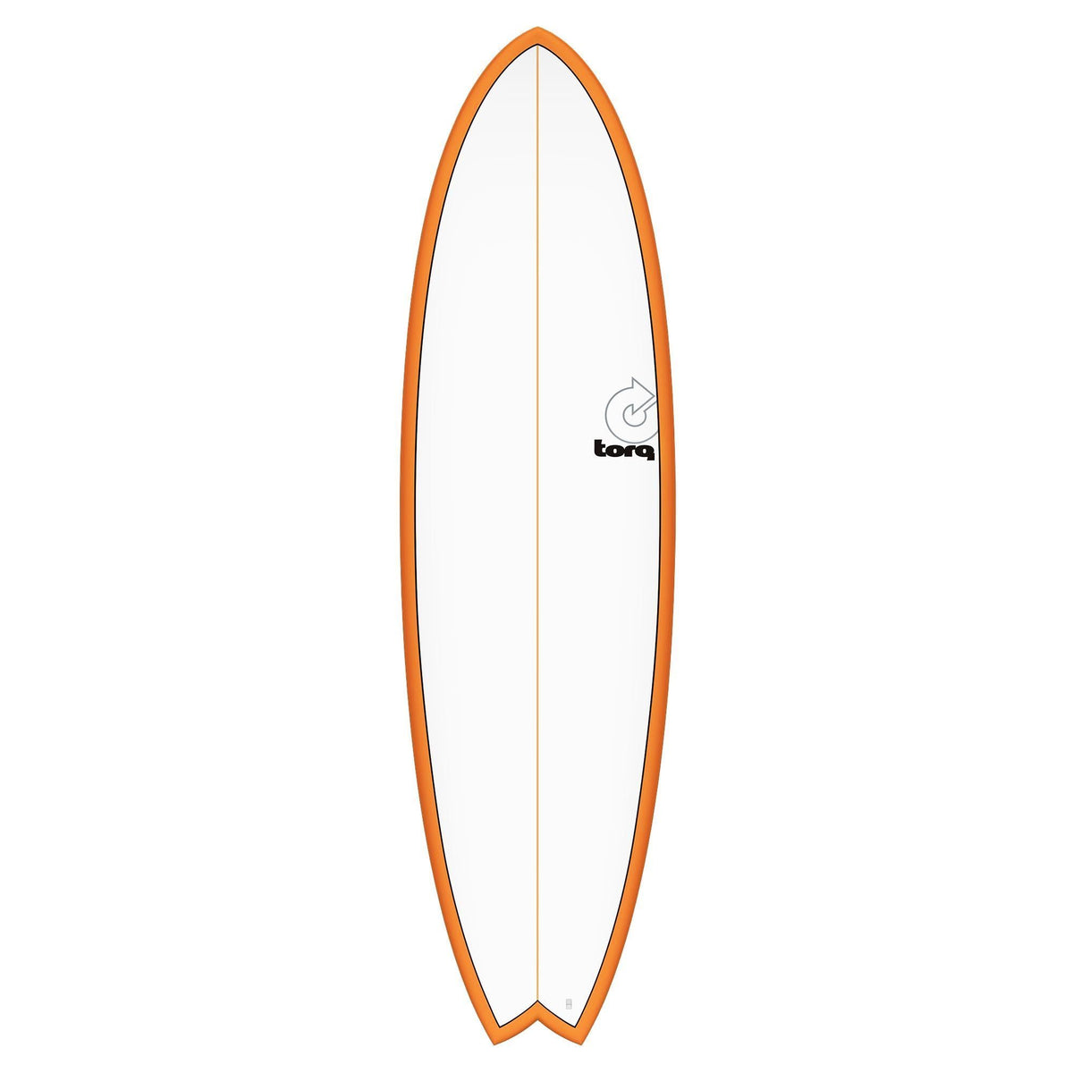 Torq TET MOD Fish Surfboard mit orangem Rand und Fishtail-Form in Frontansicht