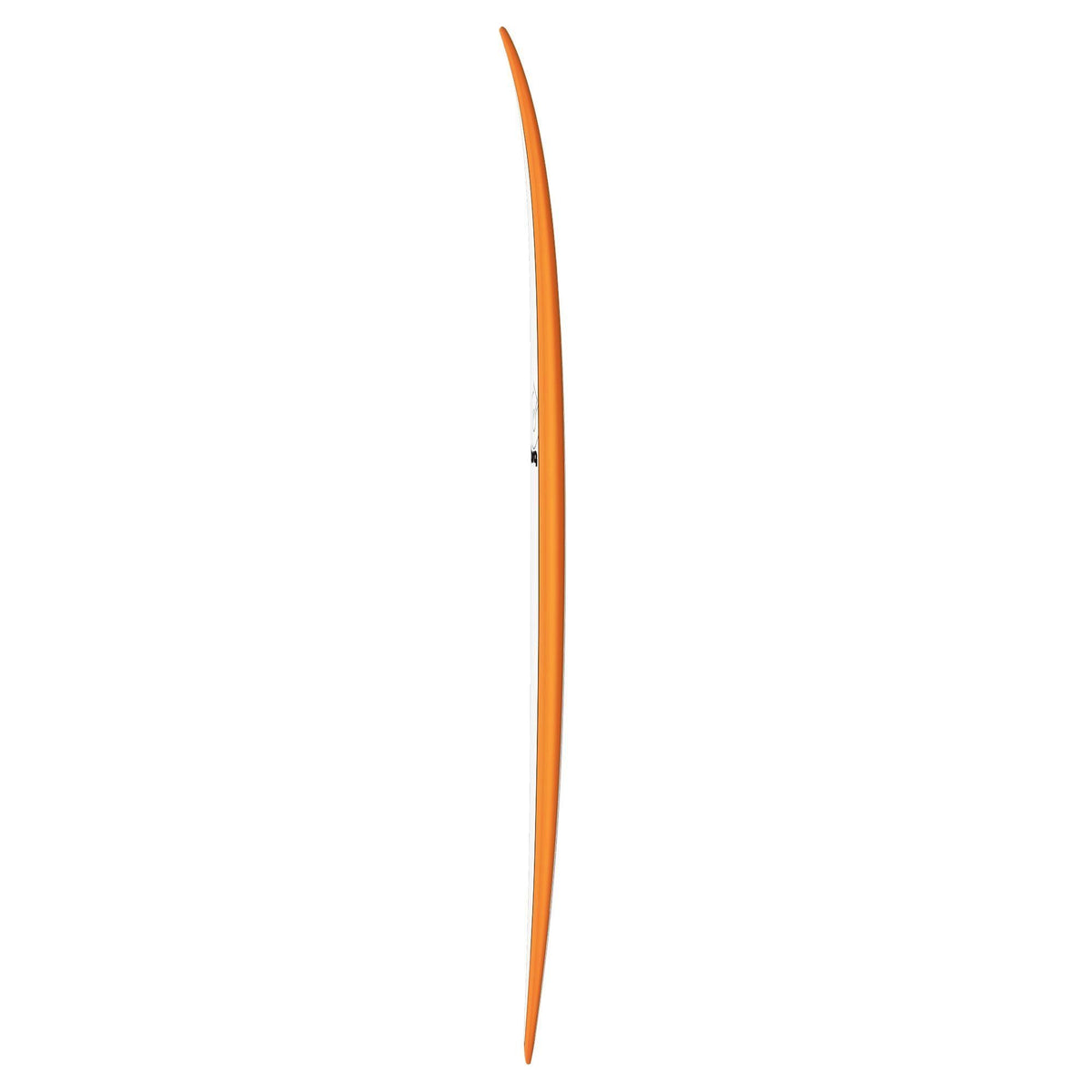 Torq TET MOD Fish Surfboard in Orange, Seitenansicht des schlanken Fischbretts mit geschwungener Form