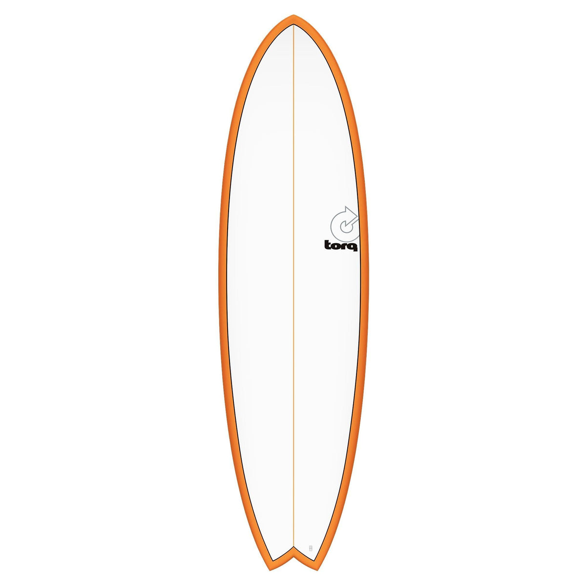 Torq TET MOD Fish Surfboard mit orangem Rail und weißem Deck, Draufsicht