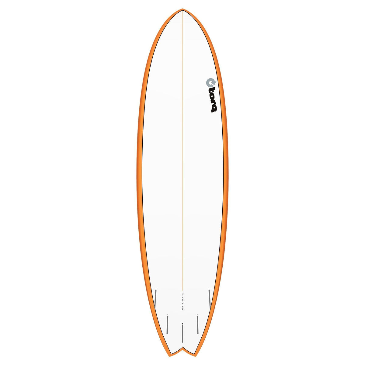 Torq TET MOD Fish Surfboard mit orangem Rail und weißem Deck, Draufsicht