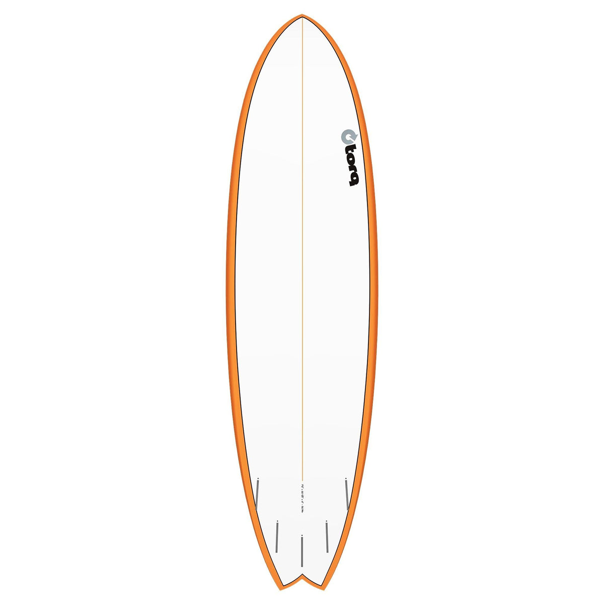Torq TET MOD Fish Surfboard, apricot orange, Draufsicht mit blauem Logo auf der Oberfläche