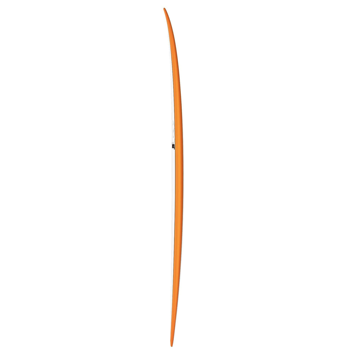 Torq TET MOD Fish Surfboard mit orangem Rails und weißem Deck, Draufsicht