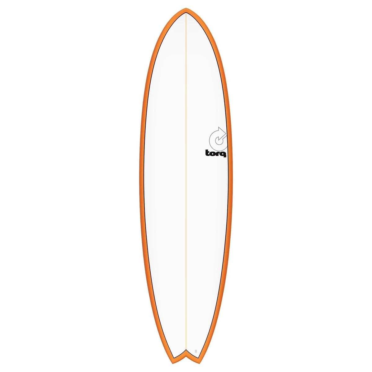 Torq TET MOD Fish Surfboard mit orangem Rail und weißem Deck, Draufsicht