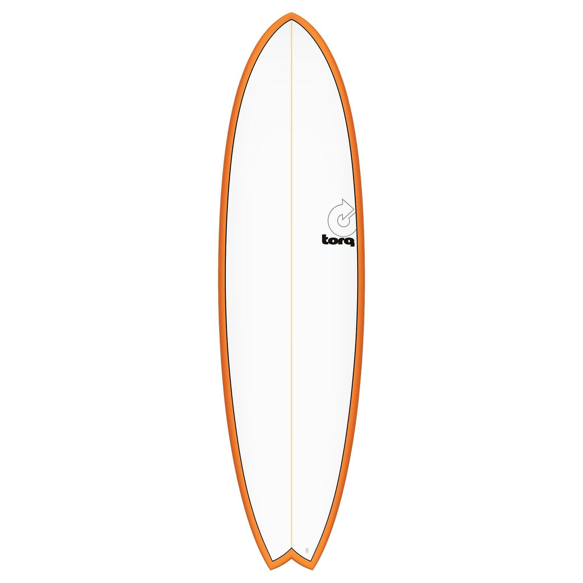 Torq TET MOD Fish Surfboard in Orange, schlankes Design mit leicht gewölbter Form, Seitenansicht