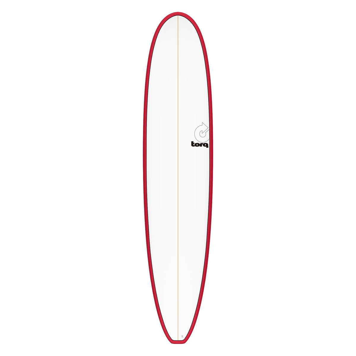 Torq TET Longboard mit roter Kante und weißem Deck, Draufsicht auf weißem Hintergrund