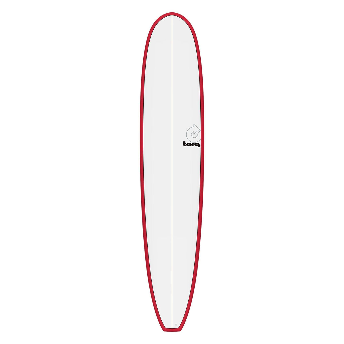 Torq TET Longboard mit rote und weißer Färbung, Draufsicht auf das komplette Surfboard