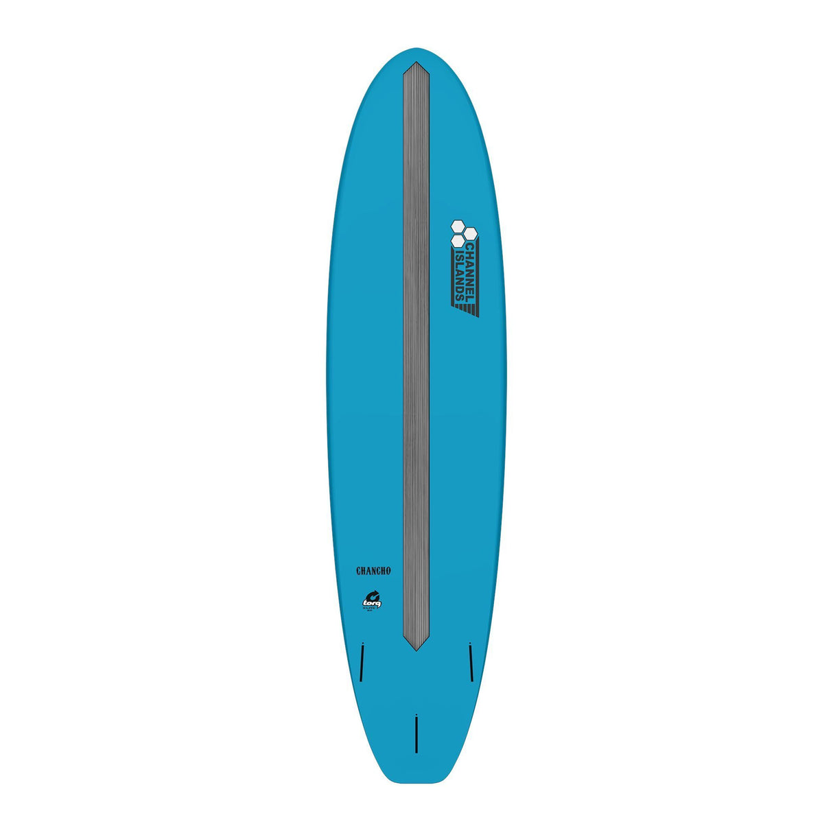 Channel Islands X-lite Chancho Surfboard, türkis, Draufsicht mit grauem Stringer und weißem Logo