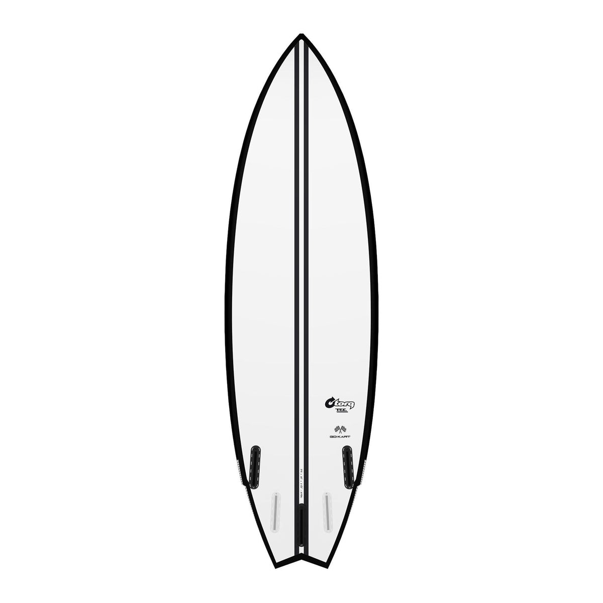 Torq TEC Go-Kart Surfboard weiß mit schwarzem Design, Draufsicht auf das kompakte Shortboard mit abgerundeter Spitze