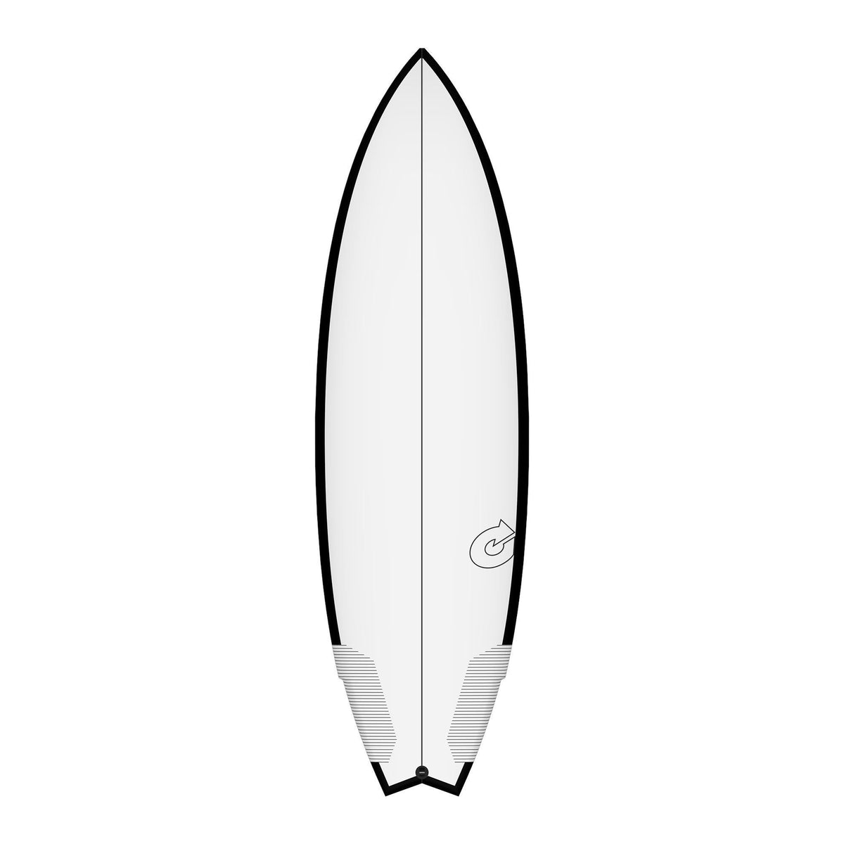 Torq TEC Go-Kart Surfboard mit weißem Deck, schwarzer Kante und Twin-Fin-Setup, Draufsicht