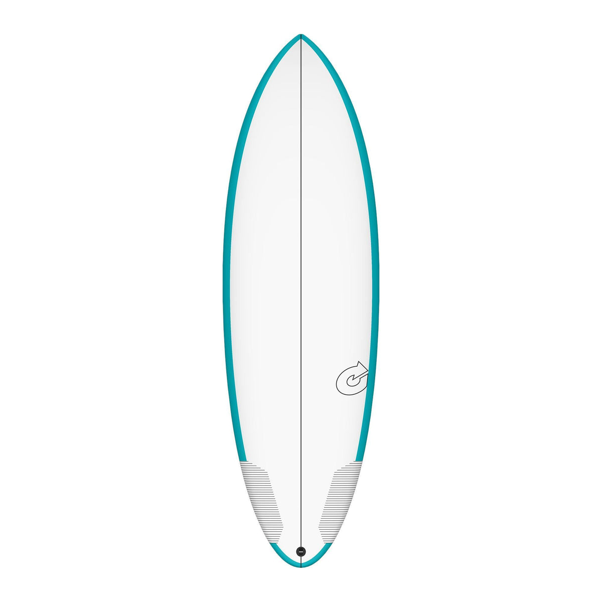Torq TEC Multiplier Surfboard in Weiß und Türkis mit schwarzem Mittelstreifen, Draufsicht