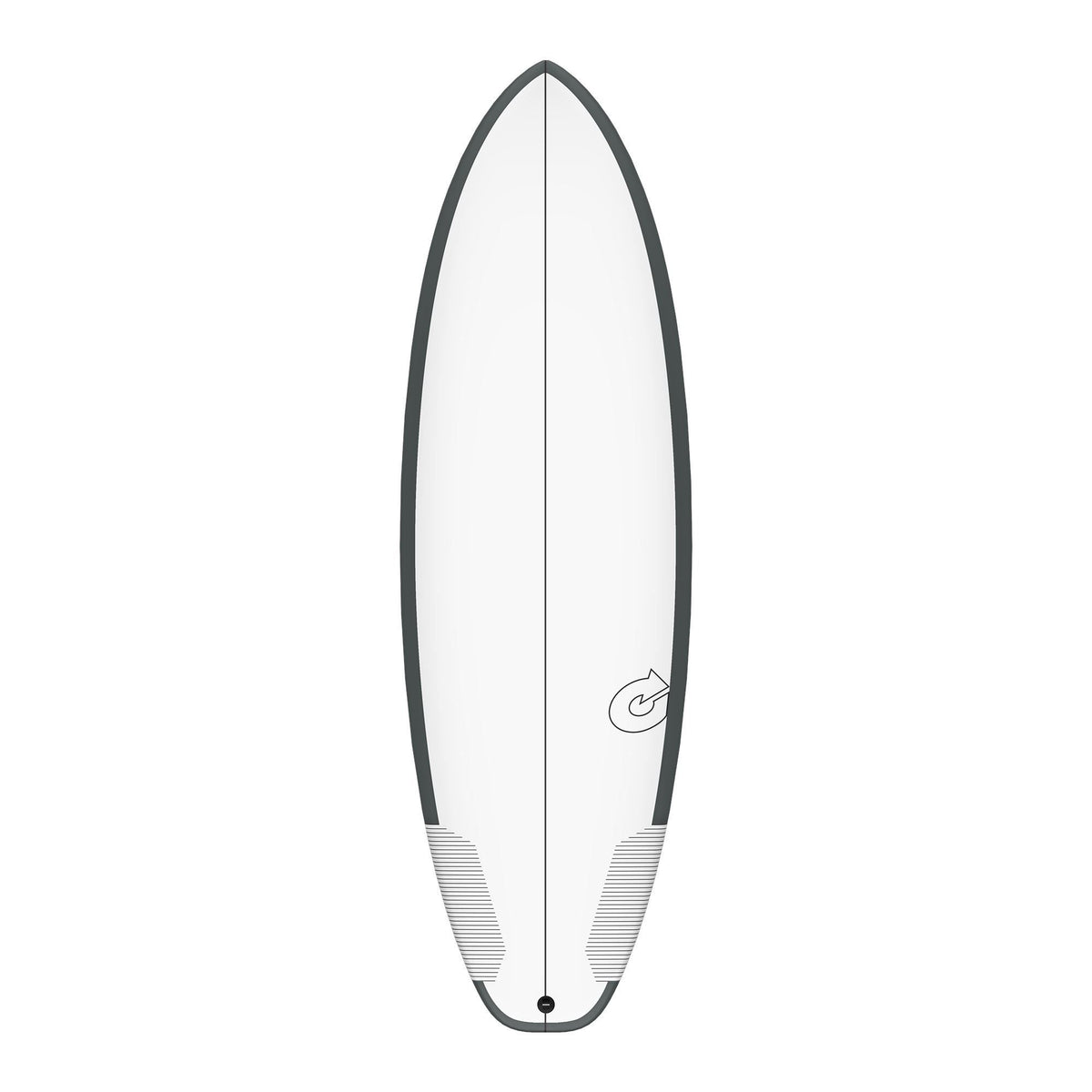 Torq TEC PG-R Surfboard, weiß mit dunkelgrauem Rail, Draufsicht, kompaktes Fish-Design mit Griptape im Fußbereich