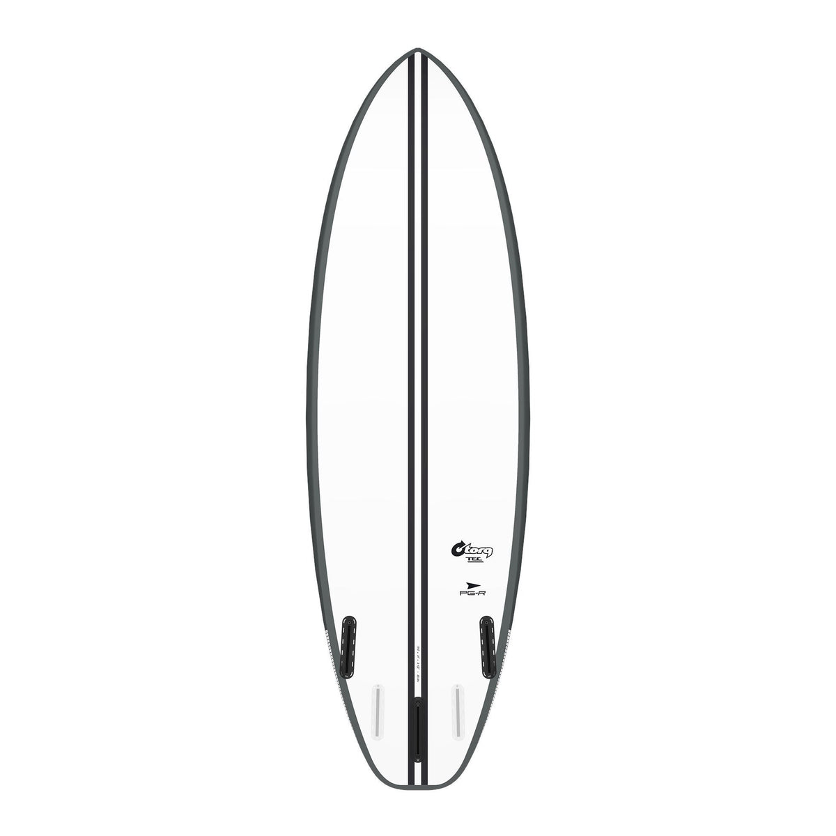 Torq TEC PG-R Surfboard, schwarz-weiß, Draufsicht, kompakte Shortboard-Form mit Finnen