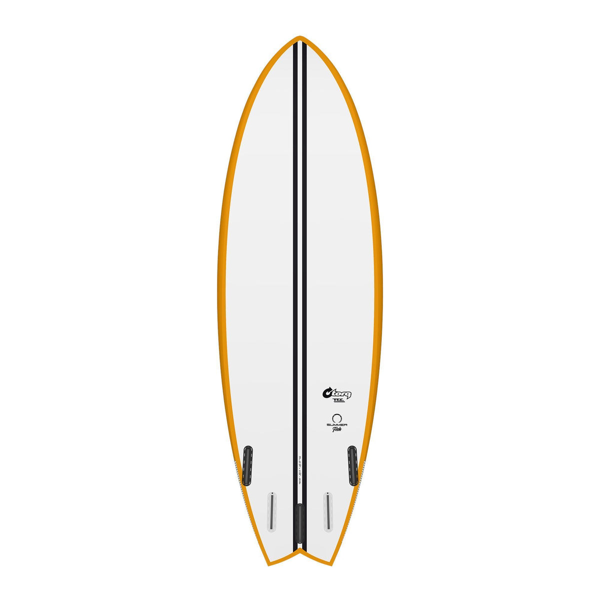 Torq TEC Summer Fish Surfboard mit orangem Rails und weißem Deck, Draufsicht
