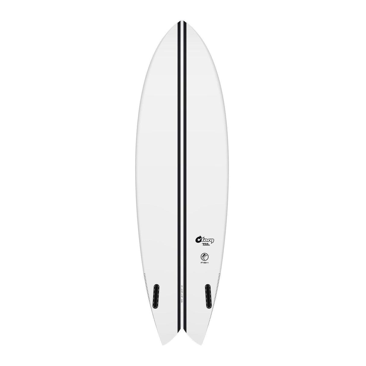Torq TEC Twin Fish Surfboard weiß mit schwarzem Mittelstreifen, Draufsicht