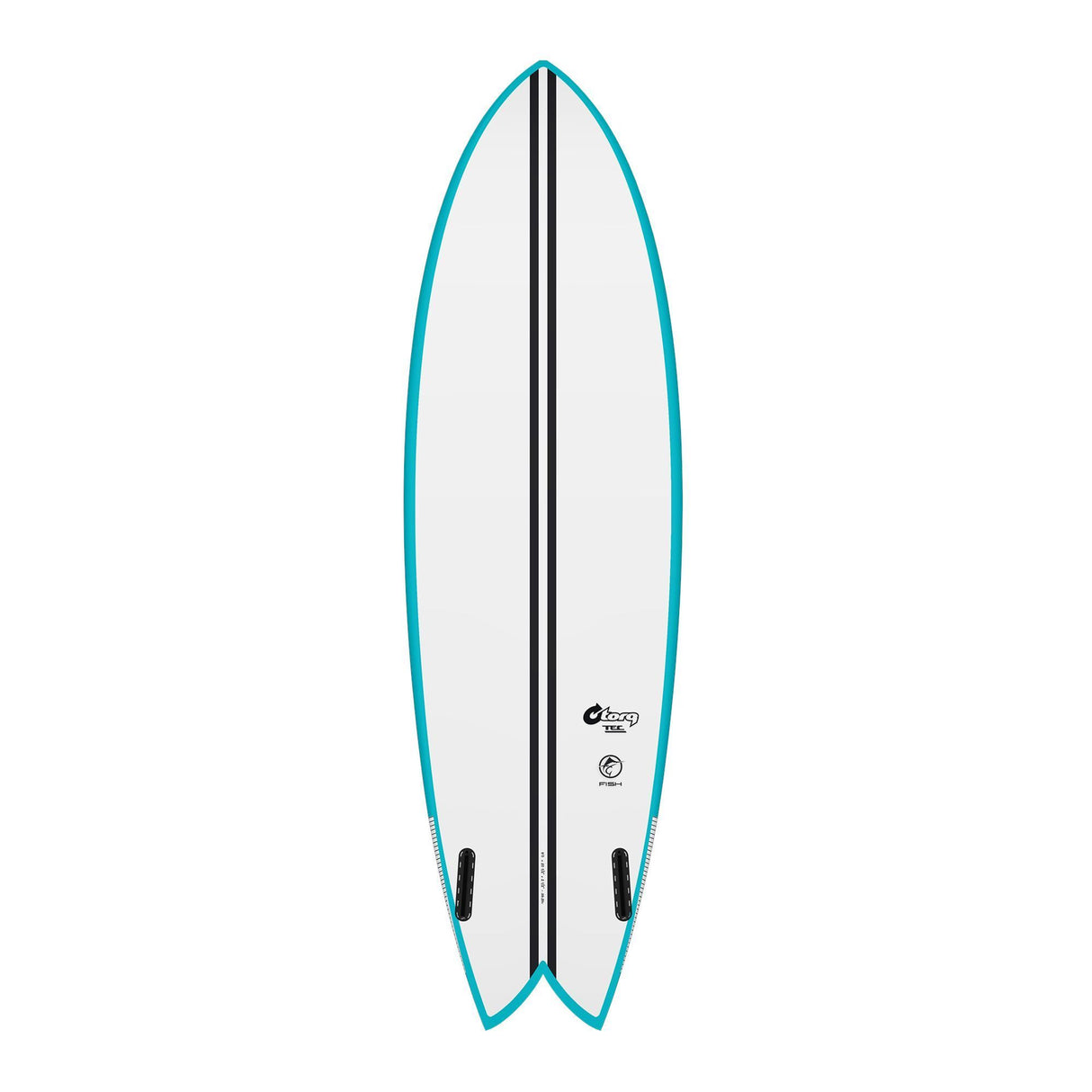 Torq TEC Twin Fish Surfboard, Türkis und Weiß, Fischform, Draufsicht