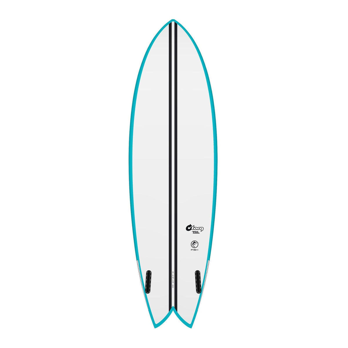 Torq TEC Twin Fish Surfboard, Türkis-Weiß mit schwarzem Streifen, Draufsicht