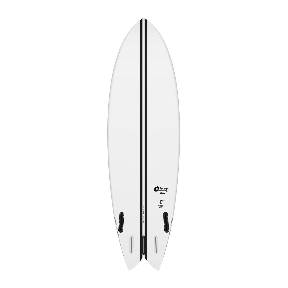 Torq TEC BigBoy Fish Surfboard, weiß mit schwarzem Streifen, Draufsicht, Fischform mit breitem Tail und Finnen