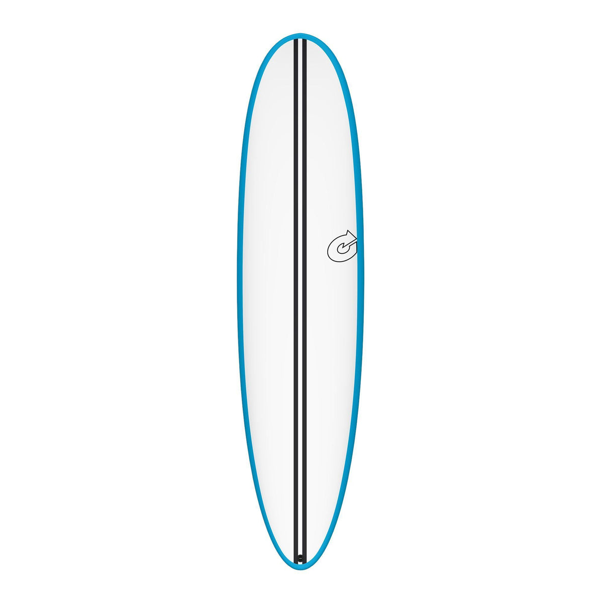 Torq TEC M2.0 Surfboard mit blauem Rail, weißem Deck und schwarzem Stringer, Draufsicht