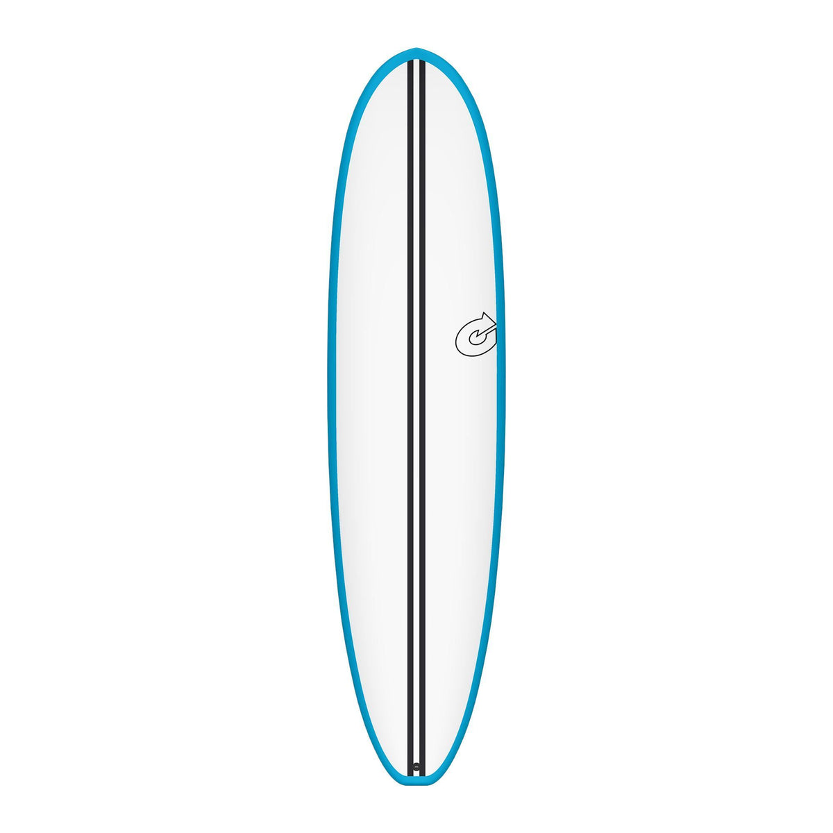 Torq TEC Volume Plus V Plus Surfboard, weiß mit blauer Kante und schwarzem Stringer, Draufsicht