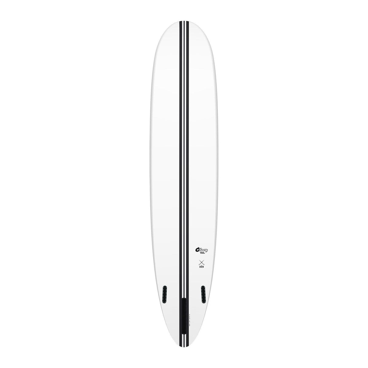 Torq TEC The Don Surfboard, weiß mit schwarzem Mittelstreifen, Draufsicht, Kunststoff-Konstruktion