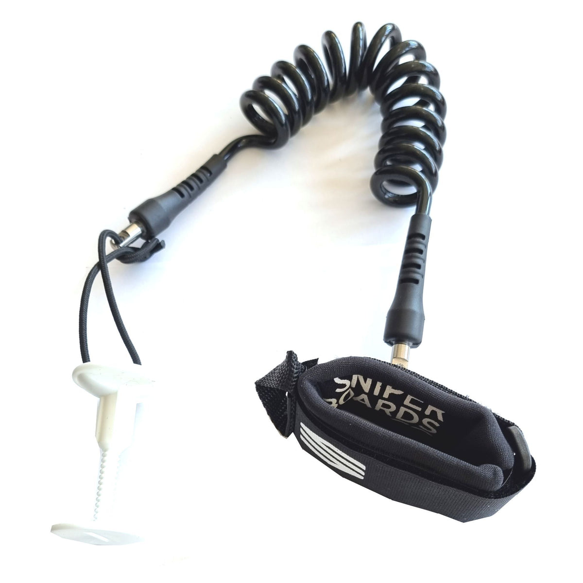 Sniper Bodyboard Spiral Wrist Leash schwarz mit Neopren-Manschette und spiralförmigem Kabel, Draufsicht