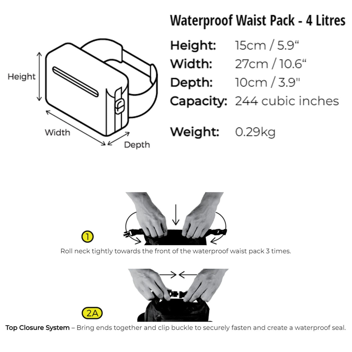 OverBoard wasserdichte Hüfttasche LIGHT schwarz, 4 Liter, mit Rollverschluss und Clip-Verschluss, Produktansicht und Verschlussanleitung