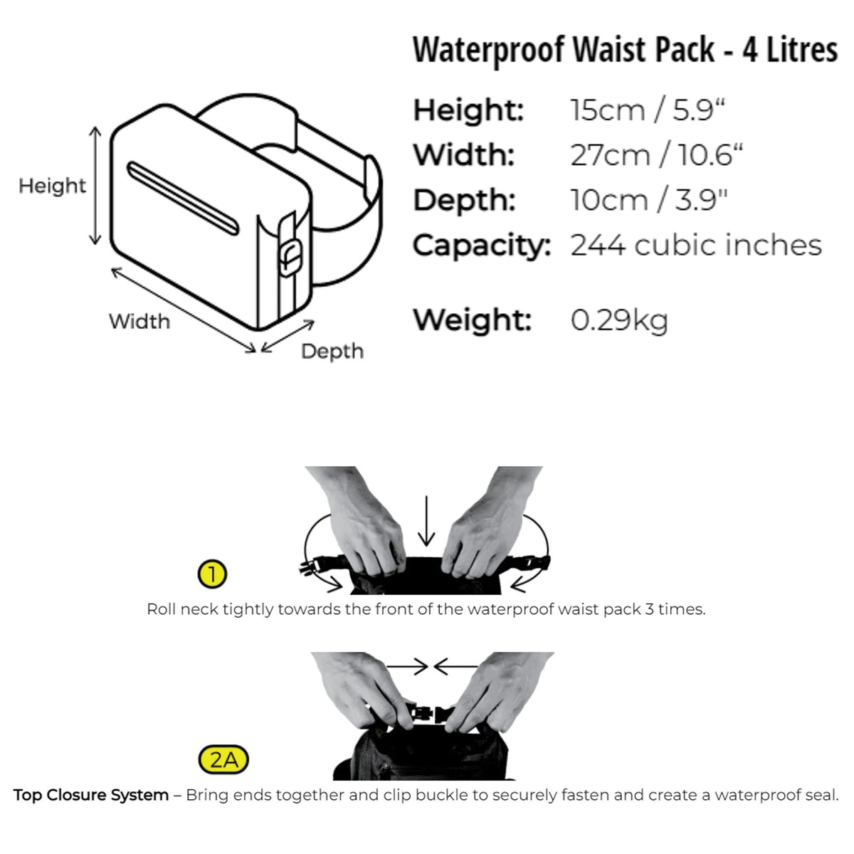 OverBoard wasserdichte Hüfttasche LIGHT schwarz, 4 Liter, mit Rollverschluss und Clip-Verschluss, Produktansicht und Verschlussanleitung