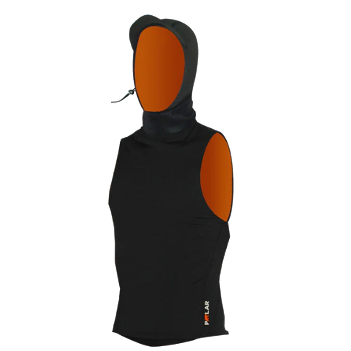 MDNS Neopren Haubenweste Polar Prime in Schwarz und Orange, Frontalansicht mit Kapuze
