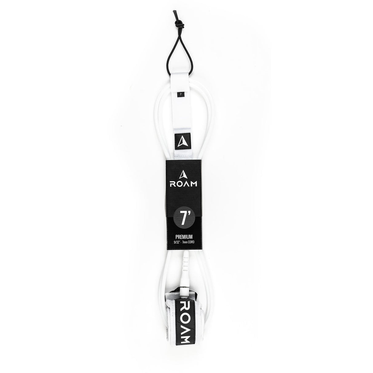 Roam Surfboard Leash Premium 7 Fuß weiß mit schwarzem Branding und Verschluss, Frontansicht