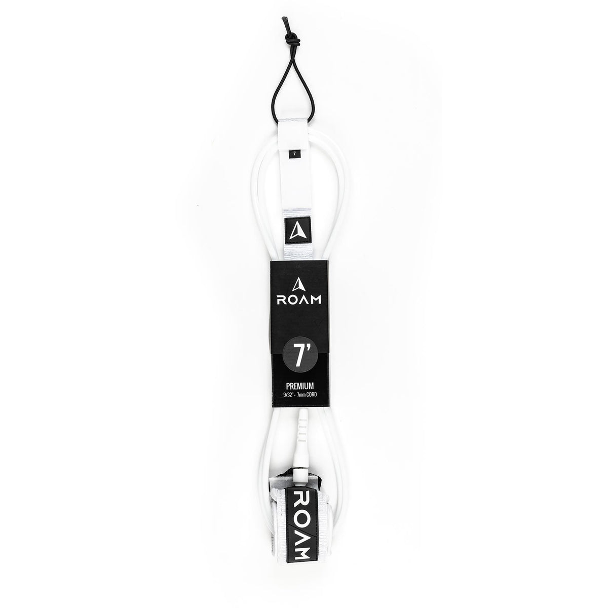 Roam Surfboard Leash Premium 7 Fuß weiß mit schwarzem Branding und Verschluss, Frontansicht