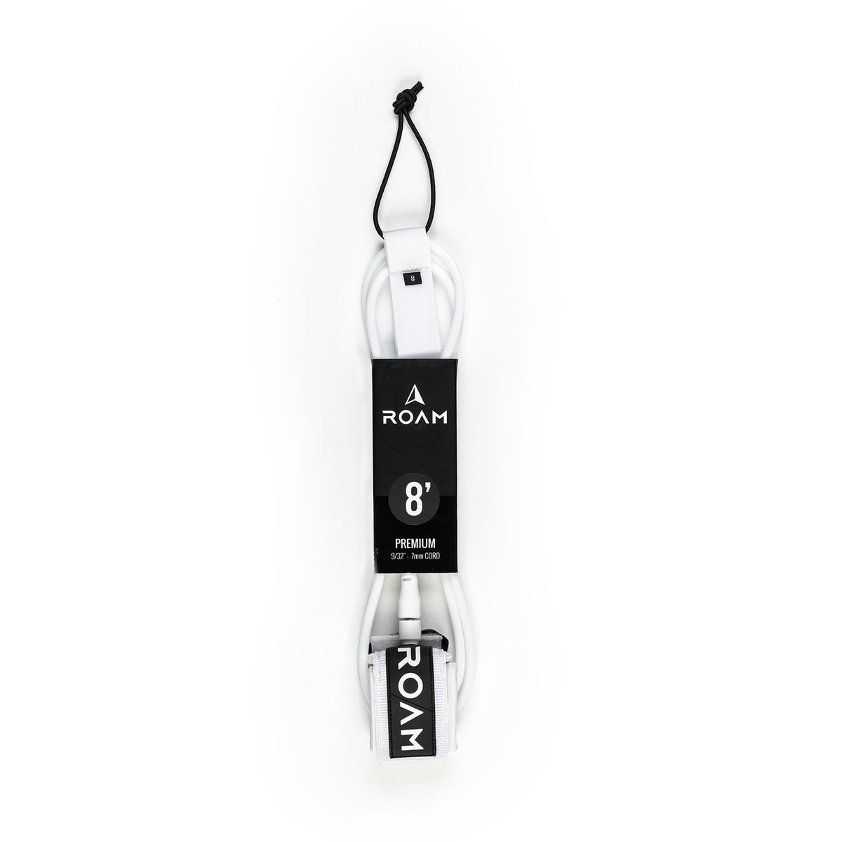 Roam Surfboard Leash Premium 8' weiß-schwarz mit Neopren-Manschette, Frontalansicht der komplett ausgerollten Leine