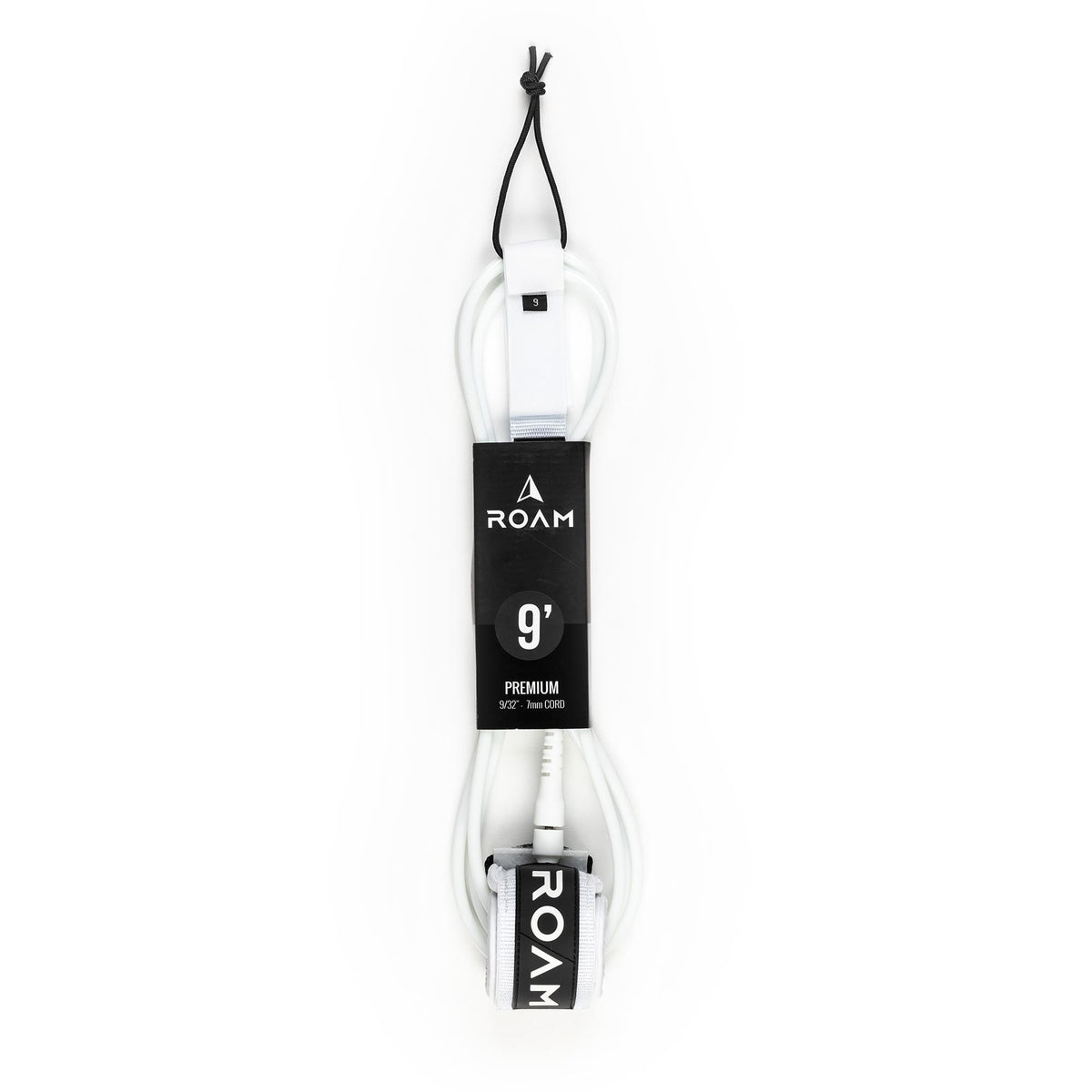 Roam Surfboard Leash Premium 9' weiß mit schwarzem ROAM-Logo, Draufsicht auf vollständige Leine mit Manschetten