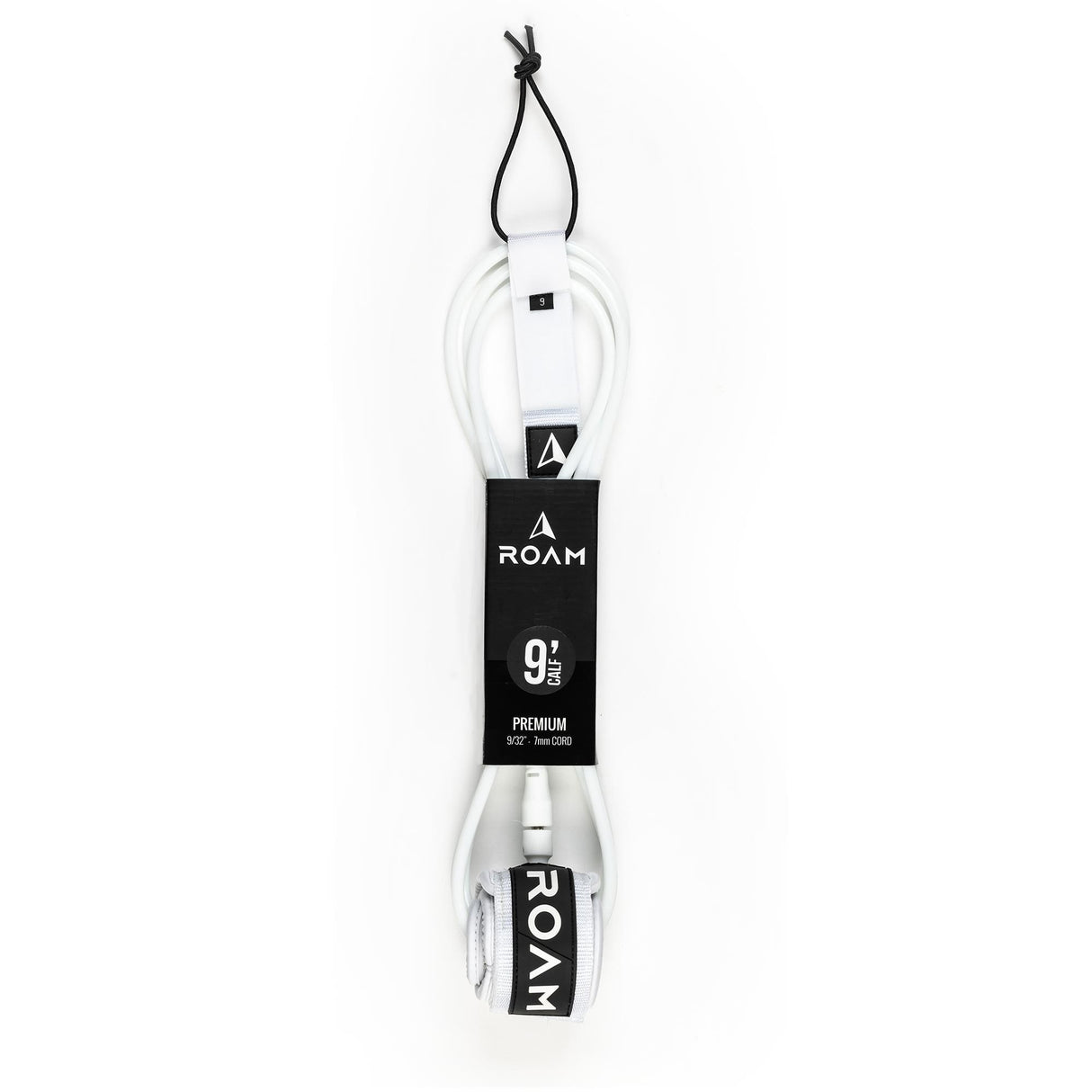 Roam Surfboard Leash Premium Knie weiß 9 Fuß mit schwarzem Band und Verbindungselementen, Frontalansicht