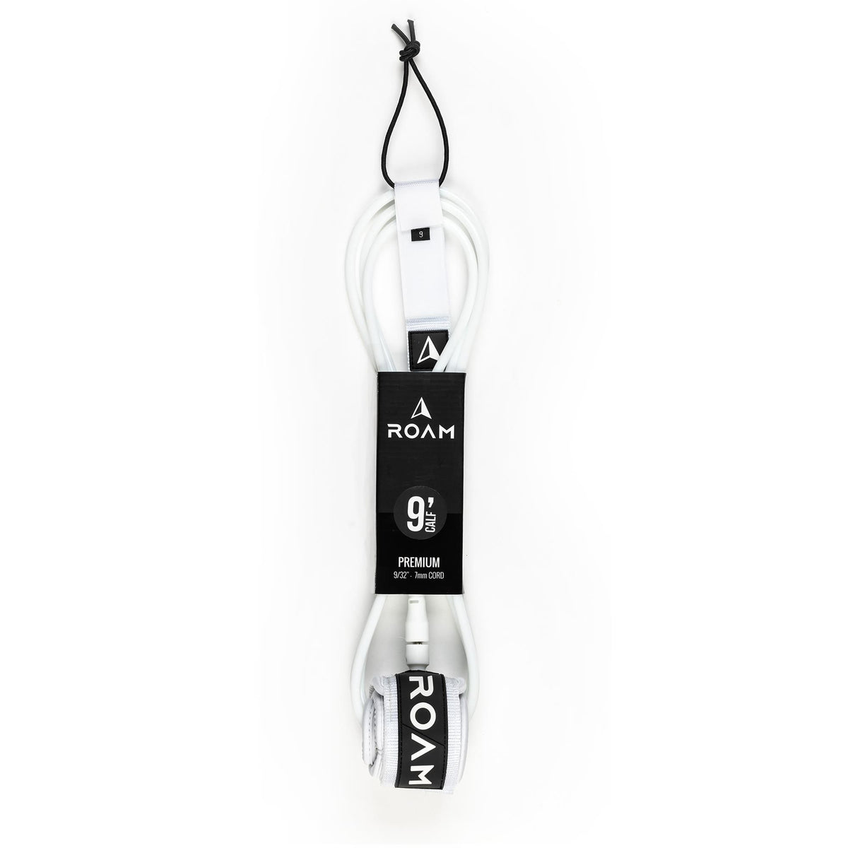 Roam Surfboard Leash Premium Knie weiß 9 Fuß mit schwarzem Band und Verbindungselementen, Frontalansicht