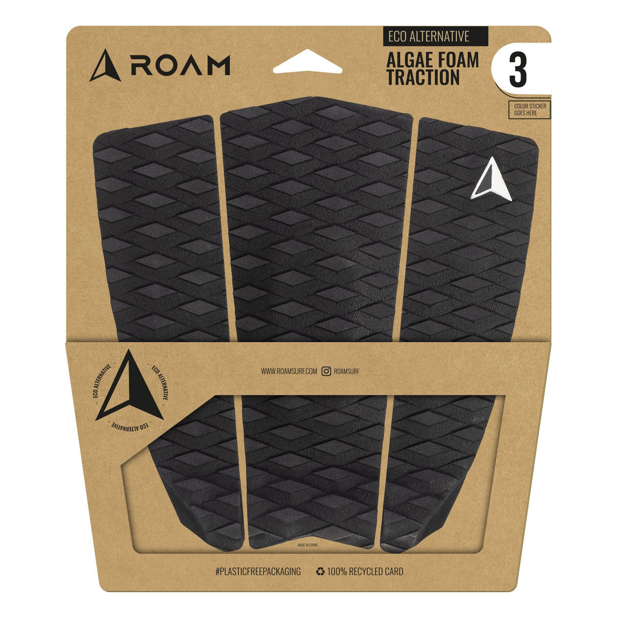ROAM Footpad ECO Algae Traction Pad 3-teilig schwarz Grifffläche Surfboard Verpackung Frontalansicht