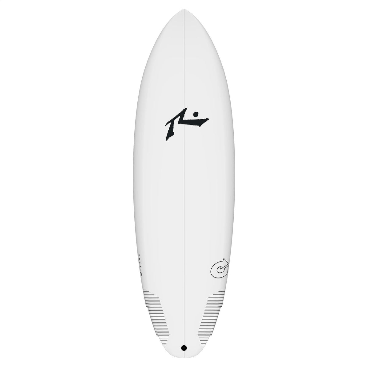 Rusty Dwart Surfboard weiß, Fischform, Draufsicht mit Rustys Logo und Finnen-Details