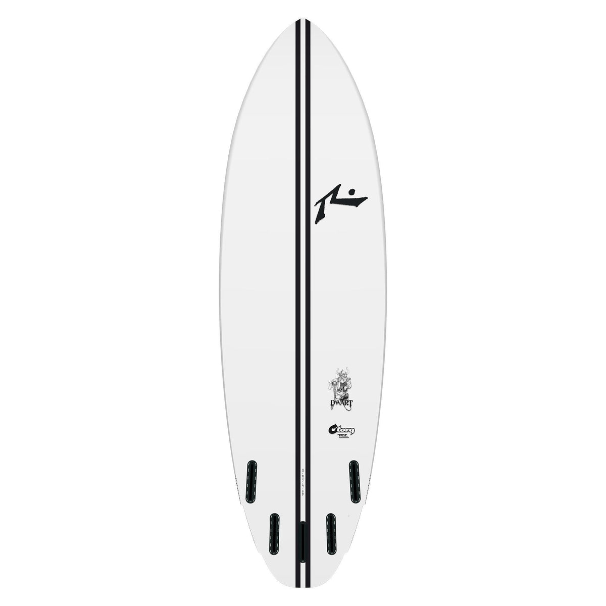 Rusty Dwart Surfboard, Weiß mit schwarzem Centerline und Finnen, Shortboard Frontansicht