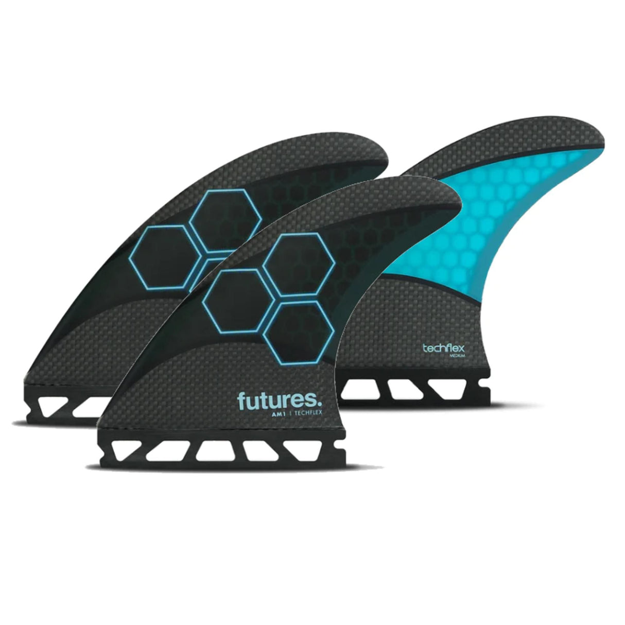 Futures AM1 Al Merrick Techflex Thruster Flossen, schwarz mit türkis, Seitenansicht