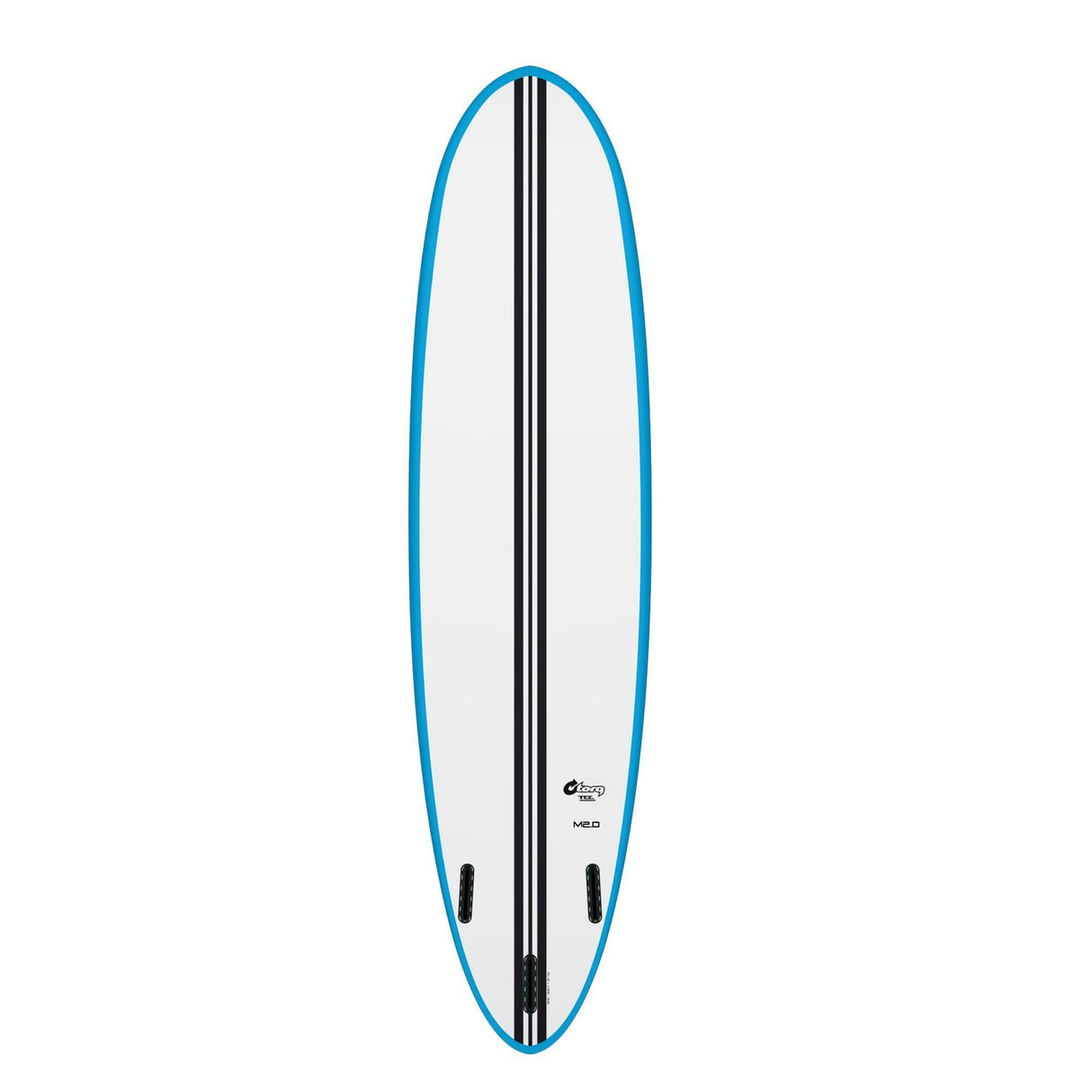 Torq TEC M2.0 Surfboard mit blauer Kante, weißem Deck und schwarzem Stringer, Draufsicht