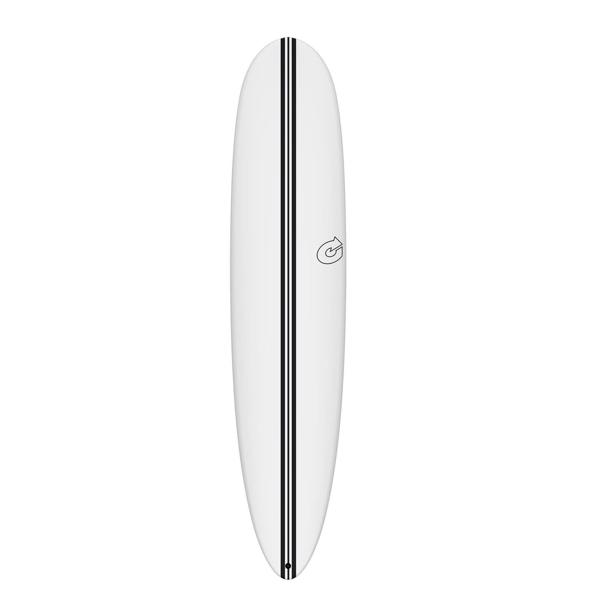Torq TEC 24/7 Surfboard, weiß mit schwarzem Streifen, Draufsicht, modernes Surfboard-Design