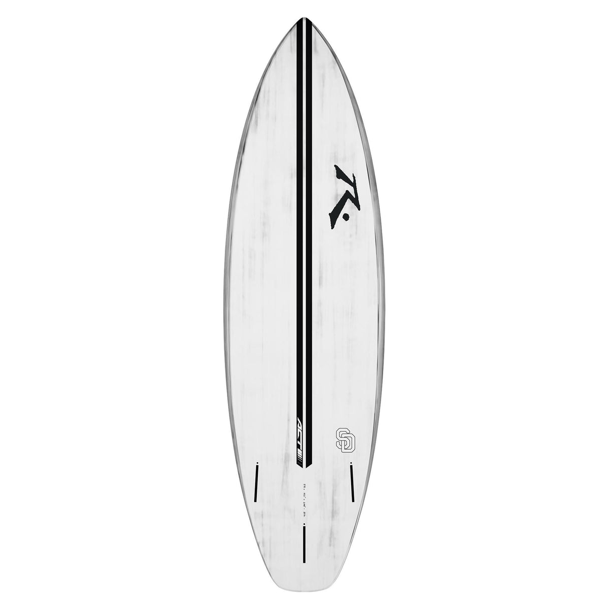 Rusty ACT SD Shortboard weiß, Draufsicht, Performance Surfboard mit schwarzem Streifen und Rusty Logo