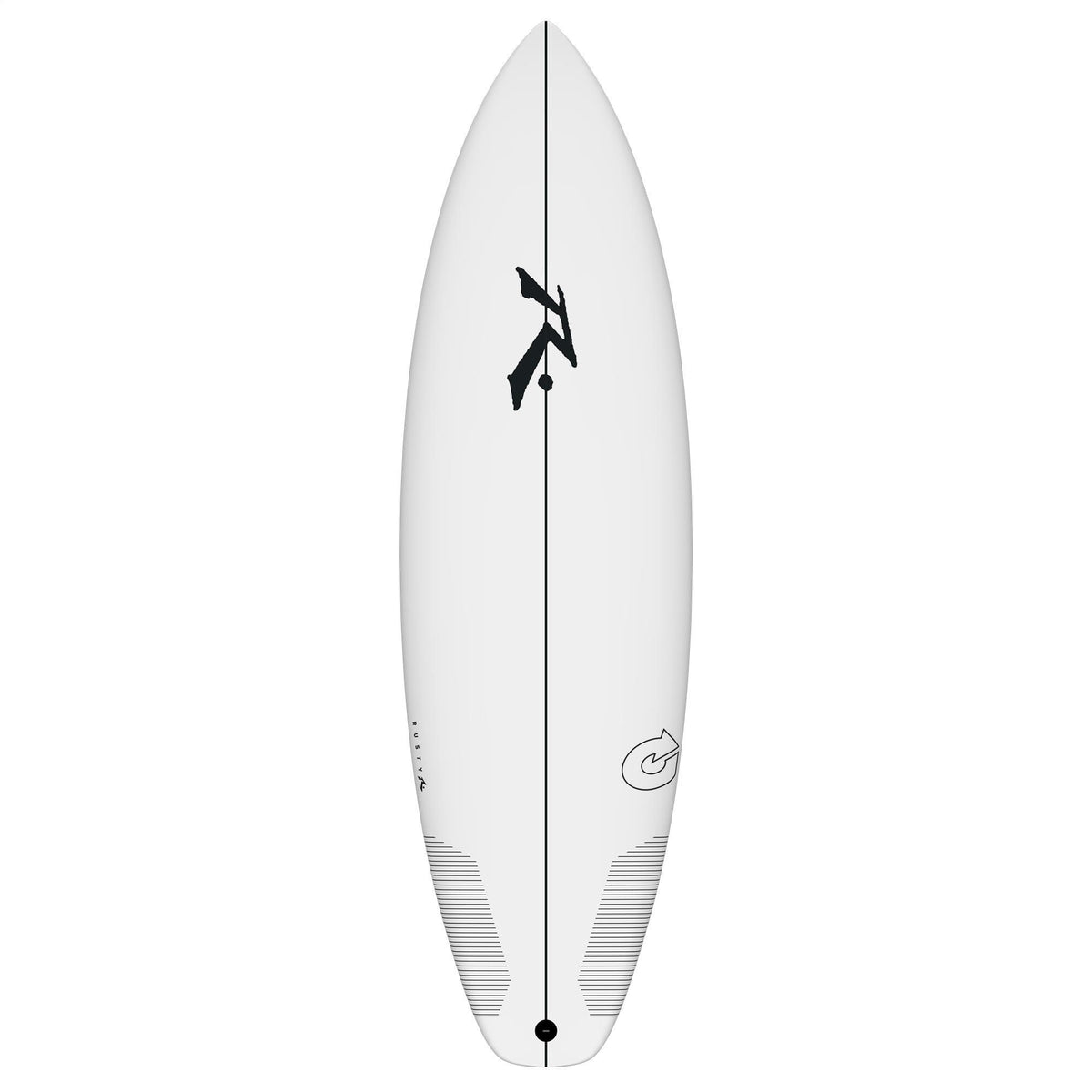 Rusty ACT SD Shortboard, weißes Surfboard mit schwarzem Logo, Draufsicht