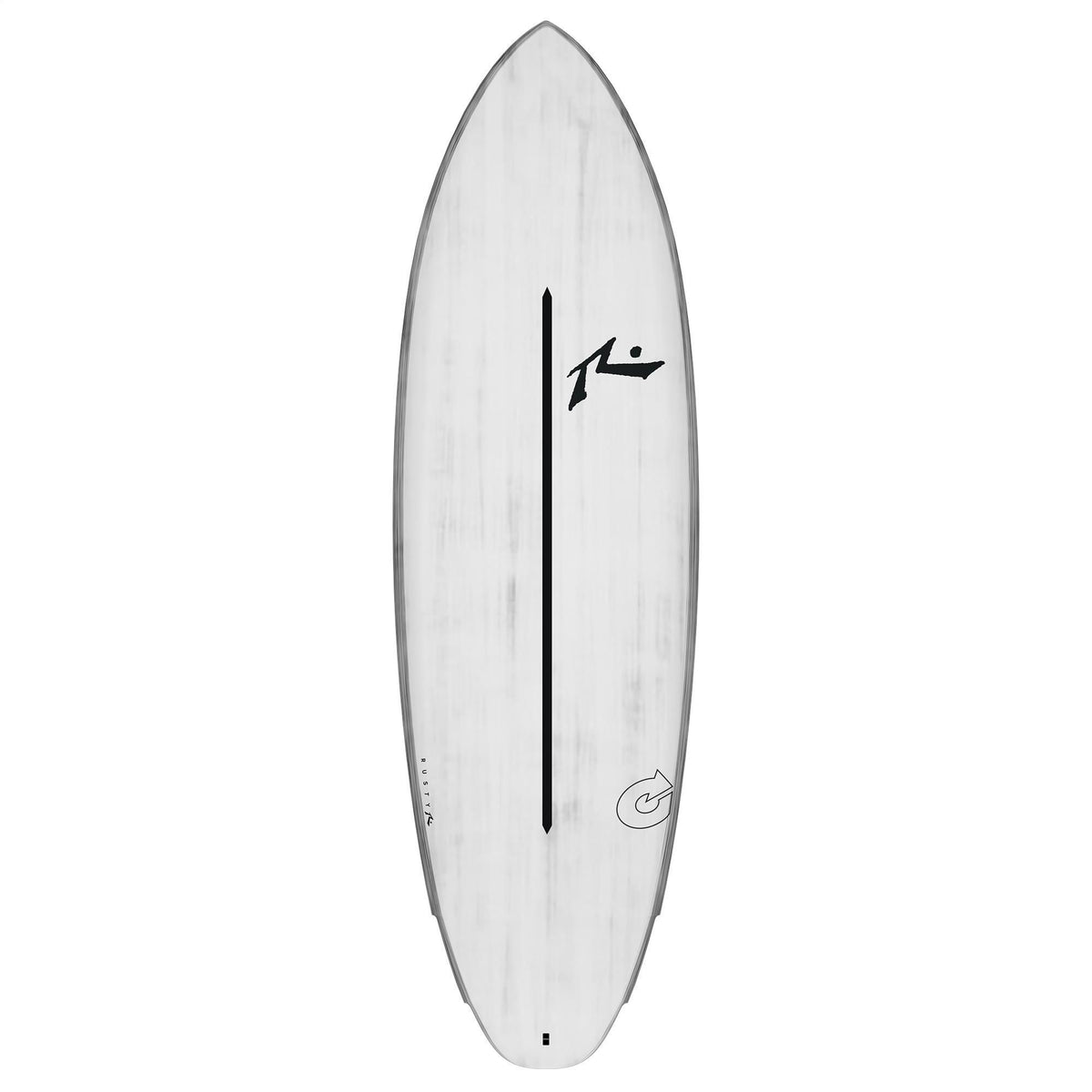 Rusty ACT Dwart Surfboard, weißes Shortboard mit schwarzem Mittelstreifen und Logo, Draufsicht
