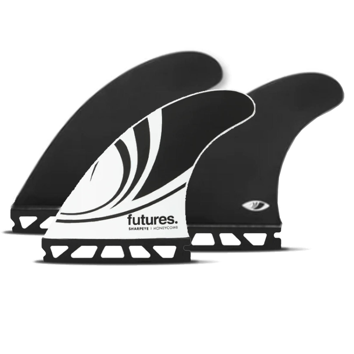 Futures Sharp Eye Honeycomb Thruster schwarze Surfflossen mit Wabenstruktur, Frontansicht