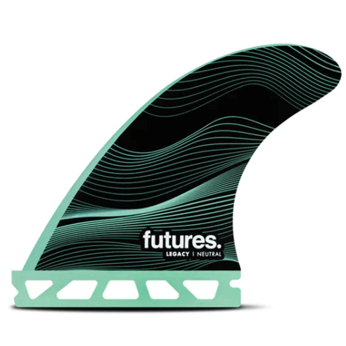 Futures F4 Legacy Neutral Thruster Surfboard-Finne, schwarz und mint grün mit Linien-Design, Seitenansicht
